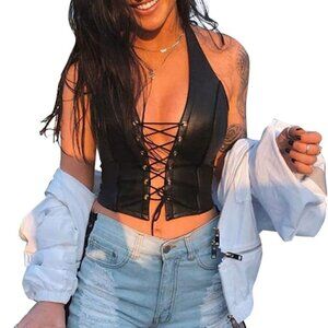 PU Leather Bustier Crop Tank Tops Halter Camisole Vest  -